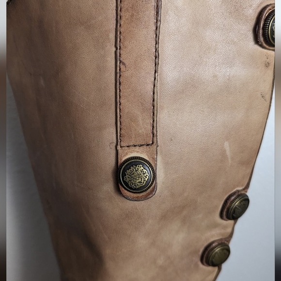 Arturo Chiang Women's 7 Tan Distressed Button Embellished Tall Riding Boots - Picture 16 of 16